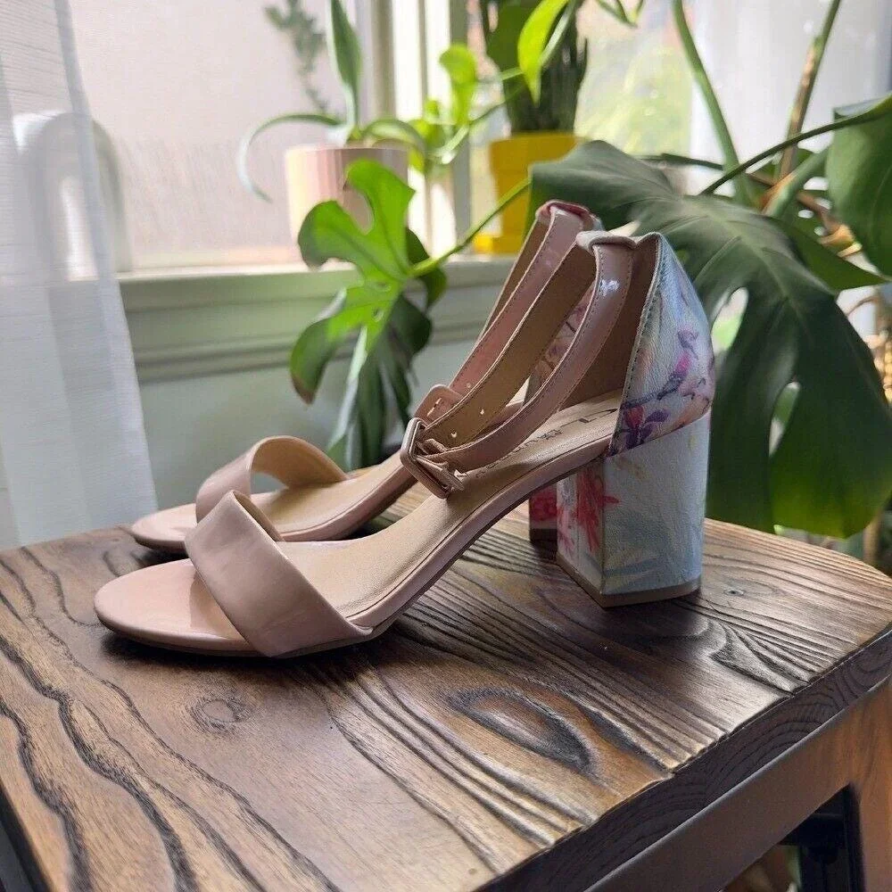 CL by Laundry Block Heel Sandals Floral Ankle Strap Heels Pink Wedding Brunch7.5